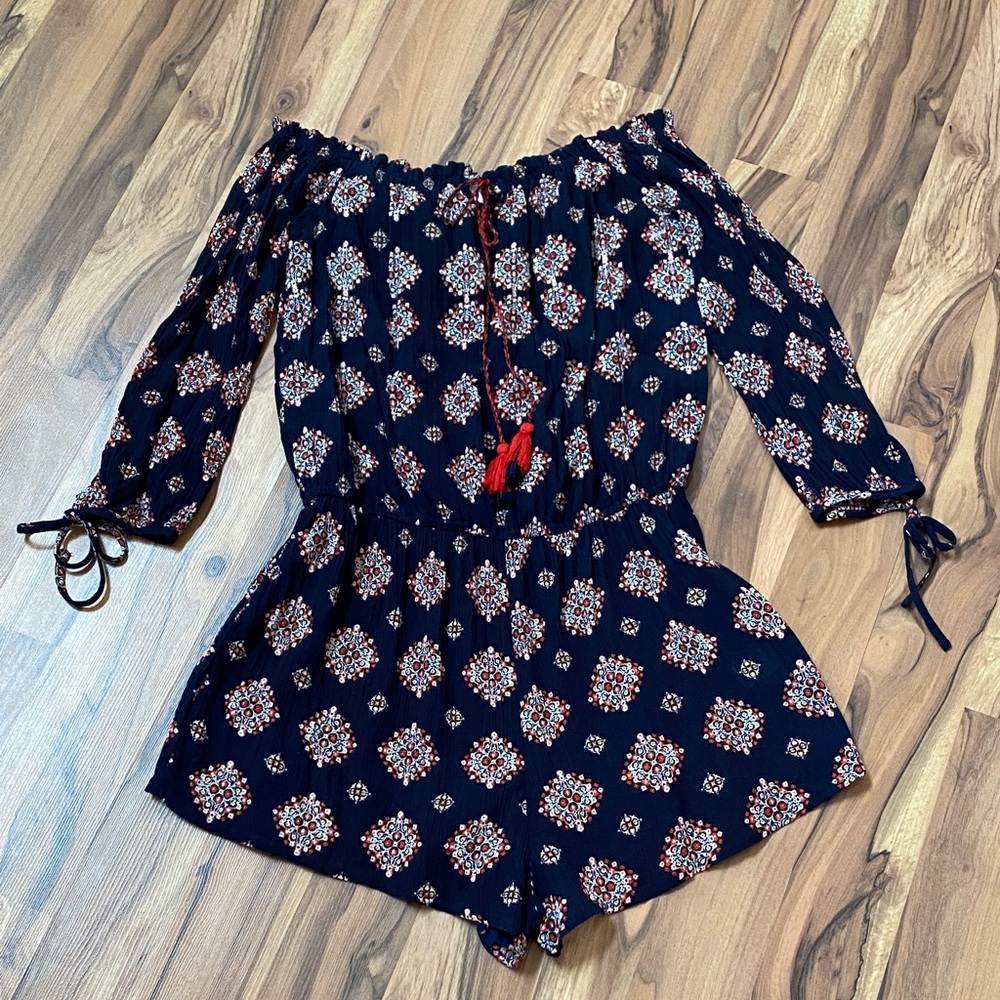 Off Shoulder Floral Print Romper with Red Accents